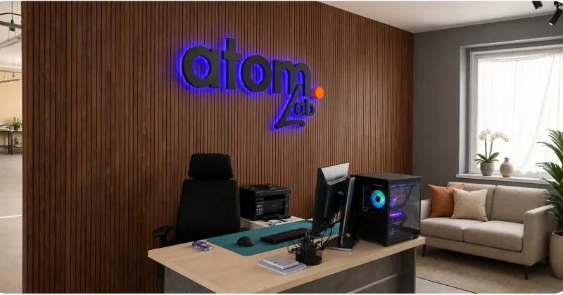 Приёмная ATOM LAB на втором этаже: стойка и подсвеченная вывеска